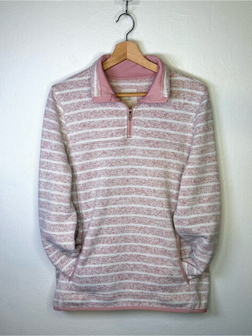 Thread & Supply Pink White Striped Marled Knit Quarter Zip Pullover Sweater Sz L - Picture 6 of 16